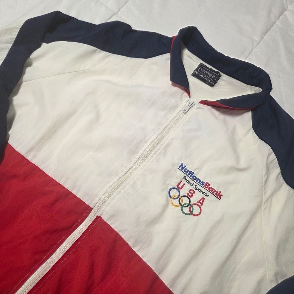 Vantage Mens USA Olympics NationsBank Windbreaker Jacket Red White Blue Large